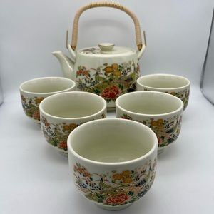 Japanese Peacock & Floral Tea Pot & 5 Cup Set